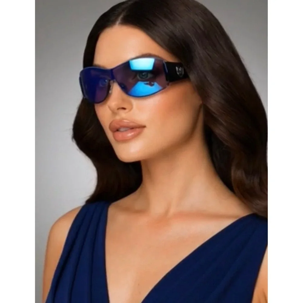 Blue Mirrored Shield Women‎ Sunglasses Black Wraparound Sporty Y2K Shades Lentes